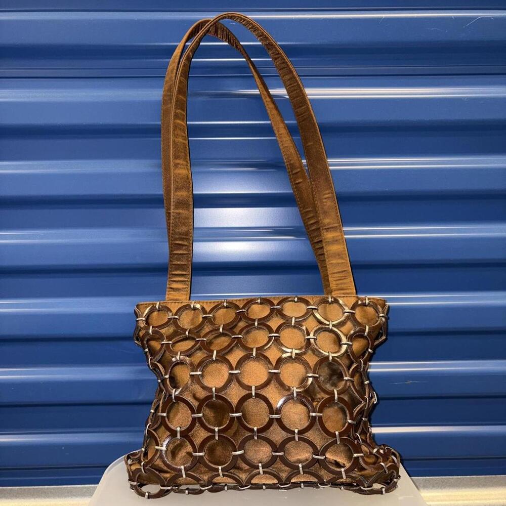 Y2K style Long strap Brown leather handbag with silver accents
